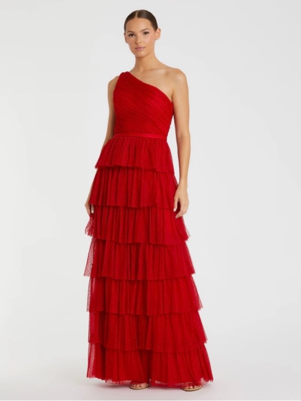 Mac Duggal Red One-Shoulder Tiered Tulle Gown